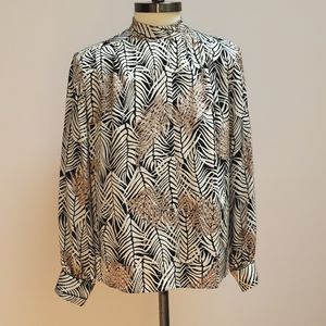 Vintage The Silk Farm White, Black, Tan Floral Leaf Silk Button-front Shirt, 6